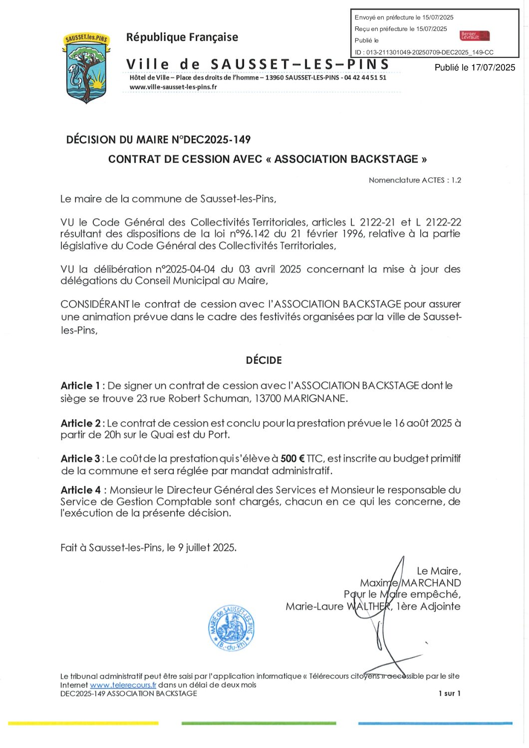 DEC2025-149 Contrat de cession avec « ASSOCIATION BACKSTAGE »