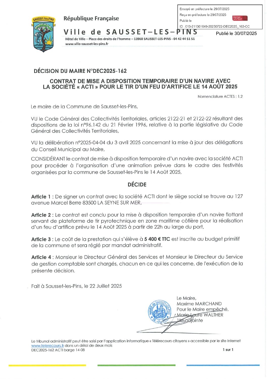 DEC2025-162 Contrat de cession avec la mise en disposition d’un navire avec la société « ACTI » barge feu d’artifice du 14 août