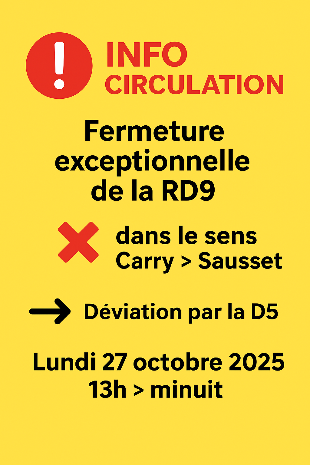 📢 INFO CIRCULATION – Fermeture exceptionnelle de la RD9