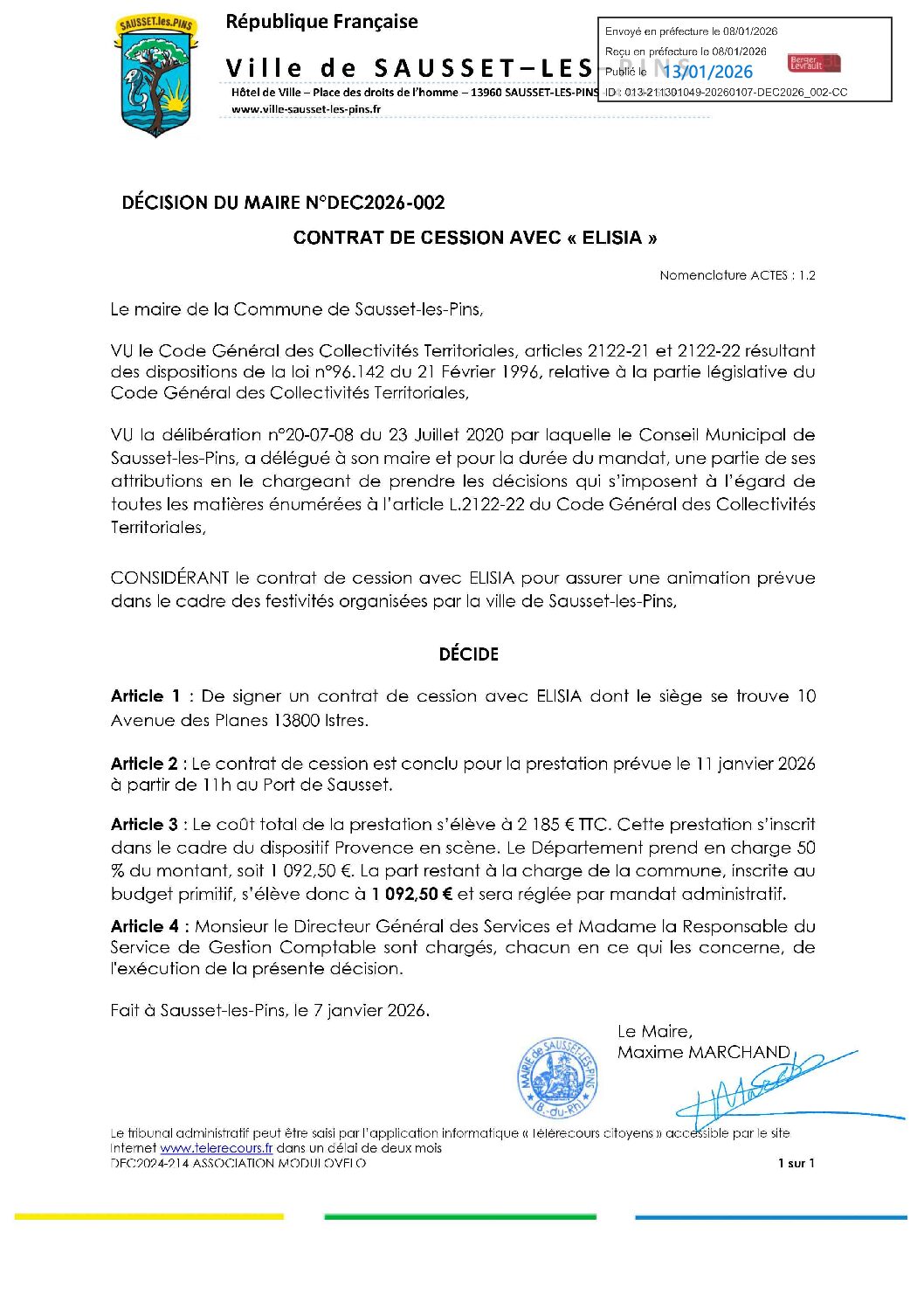 DEC2026-002 Contrat de cession avec « Elisia « 