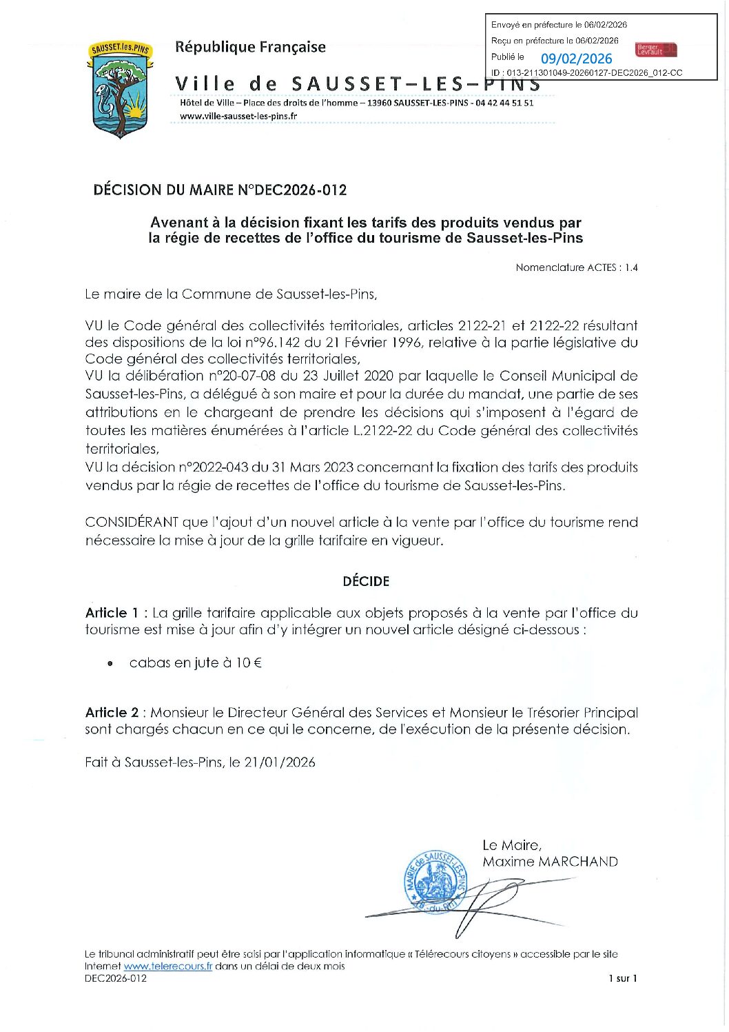 DEC2026-012 Avenant à la décision fixant les tarifs des produits vendus par la régie de recettes de l&rsquo;office du tourisme de Sausset les Pins