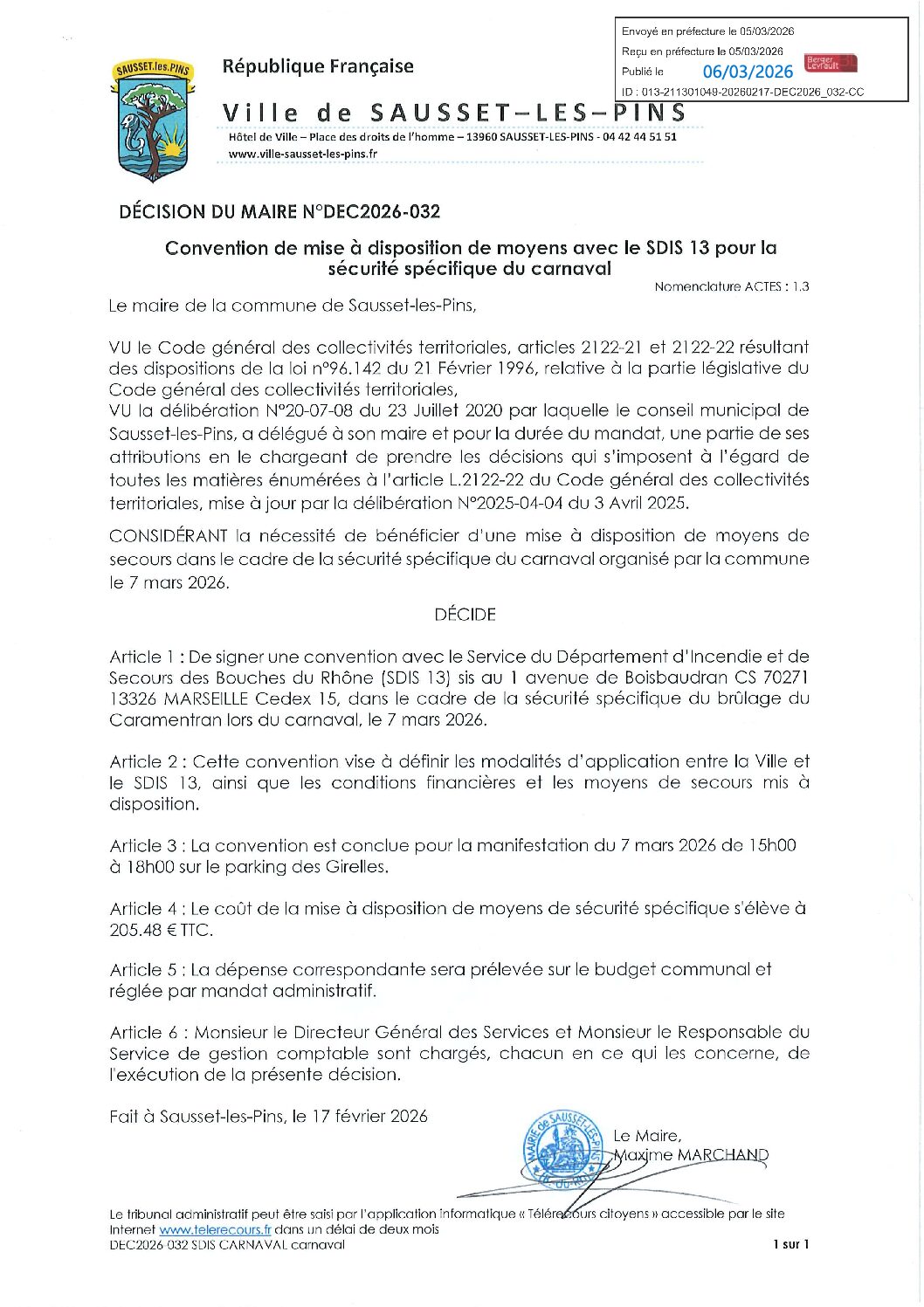 DEC2026-032 Convention de mise à disposition de moyens avec le SDIS 13 pour la sécurité spécifique du carnaval