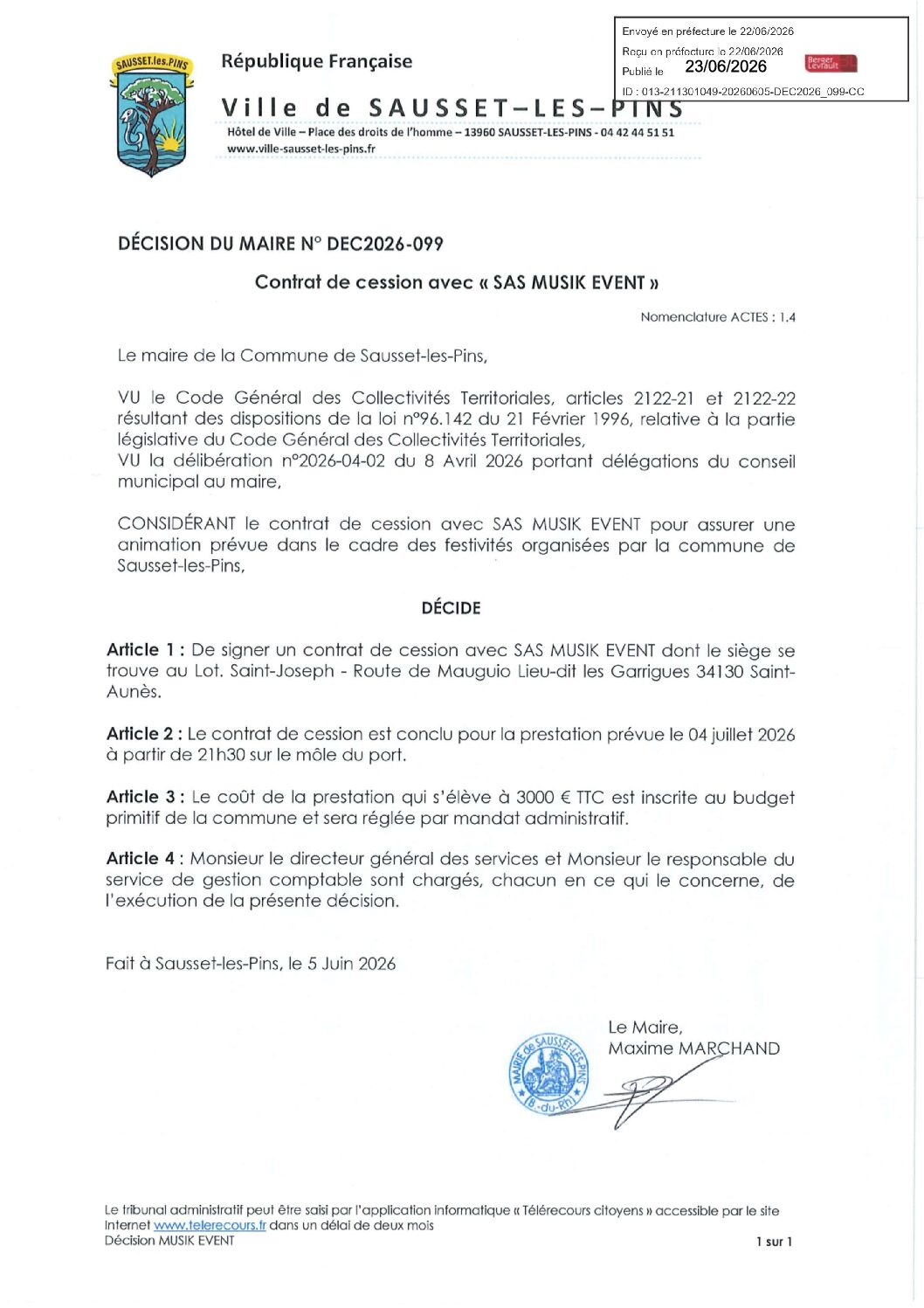 DEC2026-099 Contrat de cession avec « SAS MUSIK EVENT »